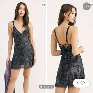NWOT Free People Gold Rush Mini Dress Black Sequin Mini V-Neck Strappy